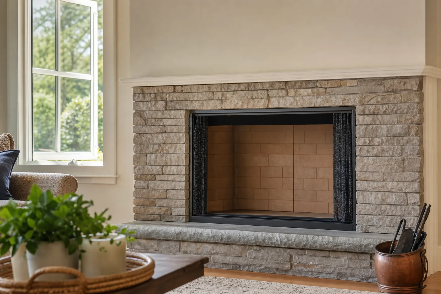 Unused fireplace in a sunlit summer living room with the window open Unused fireplace in a sunlit summer living room with the window open