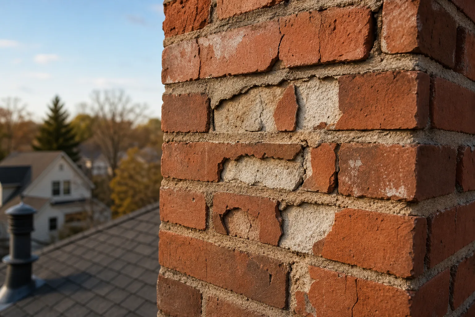 Chimney brick faces flaking and popping off, exposing pale powdery masonry underneath from freeze damage Chimney brick faces flaking and popping off, exposing pale powdery masonry underneath from freeze damage
