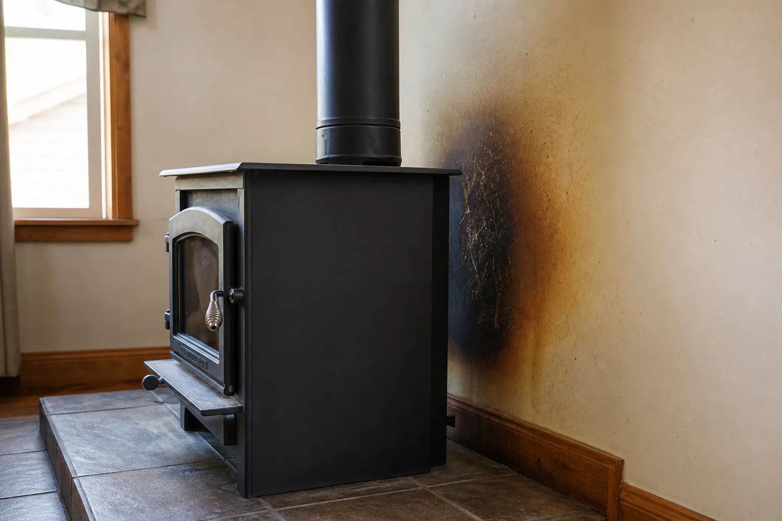Wood stove installed too close to a wall with scorched, discolored paint behind Wood stove installed too close to a wall with scorched, discolored paint behind