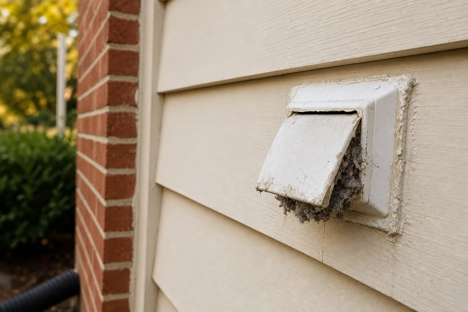 Paint-sealed dryer vent hood on lap siding with the flap clogged shut Paint-sealed dryer vent hood on lap siding with the flap clogged shut