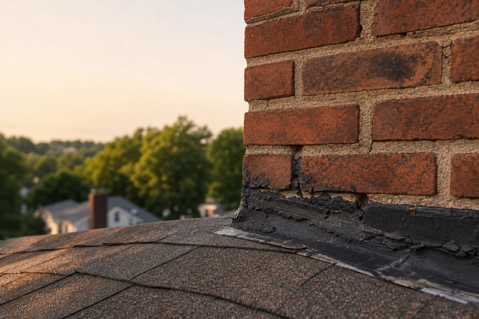 Black roofing tar smeared over chimney flashing, cracked and pulling away from the brick