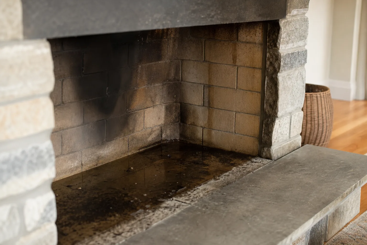 Rainwater pooled on a fireplace firebox floor with dark damp staining on the brick Rainwater pooled on a fireplace firebox floor with dark damp staining on the brick