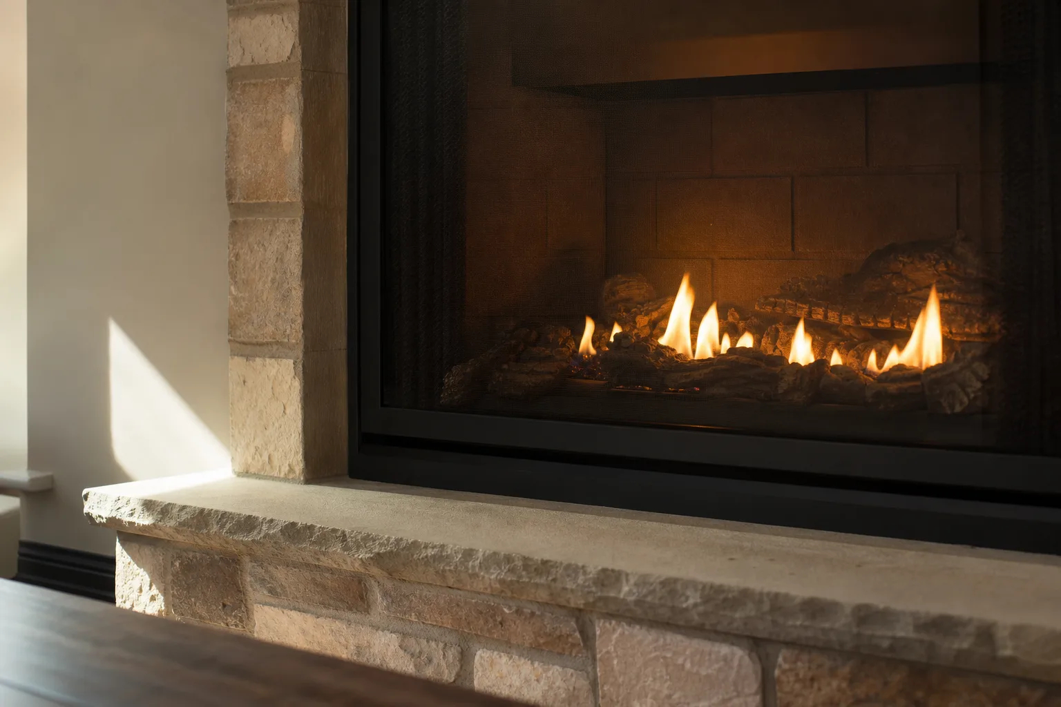 Close-up of lazy yellow gas fireplace flames behind glass instead of blue