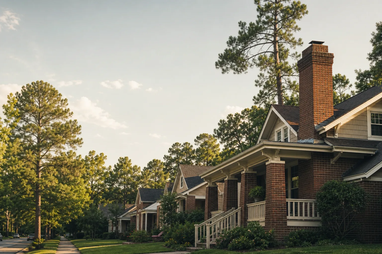 Red-brick and clapboard Alabama homes under tall pines, a brick chimney rising above deep porches