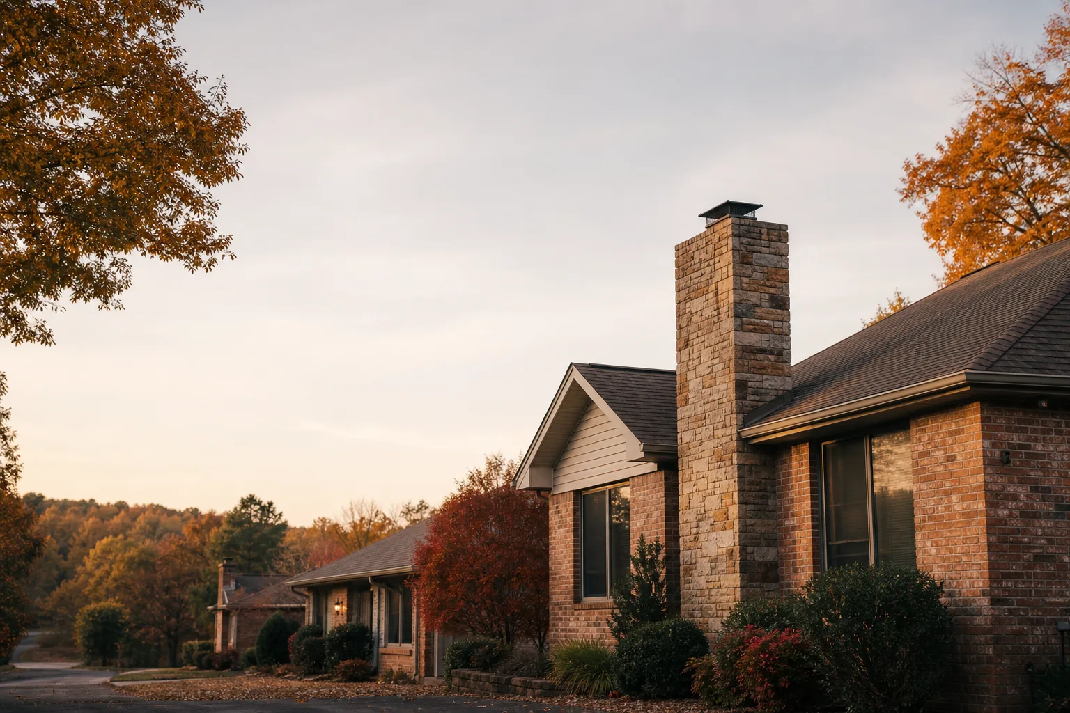 Brick ranch homes on a wooded Arkansas street in autumn, chimney standing above the roofline