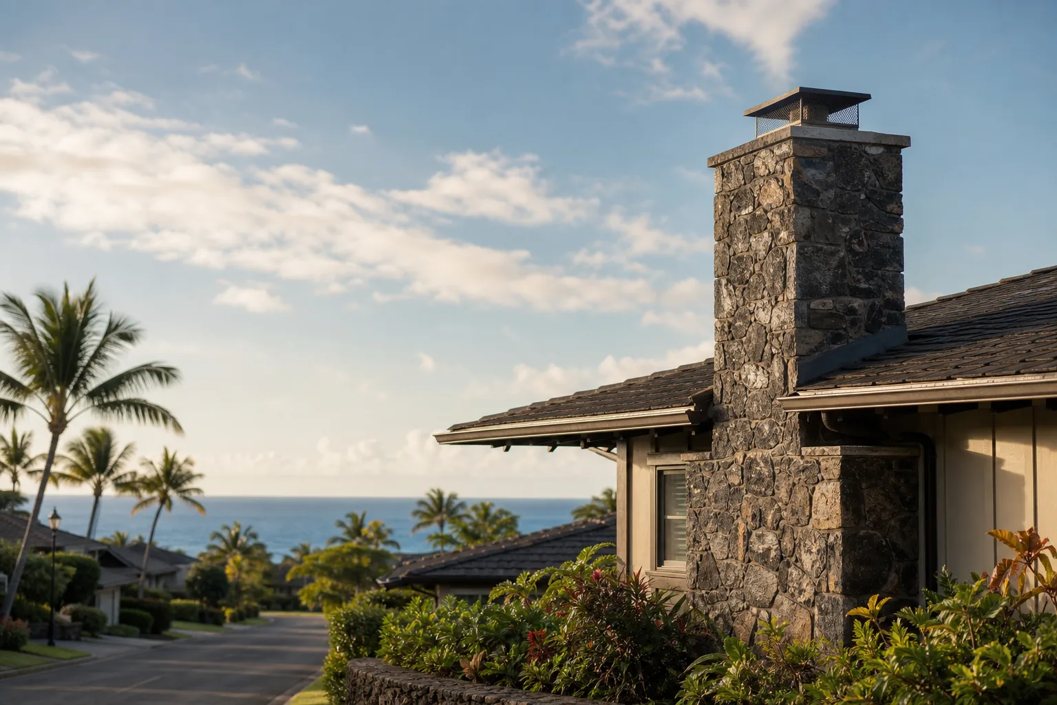 Low Hawaii homes with wide eaves and palms beside an outdoor hearth chimney in bright light