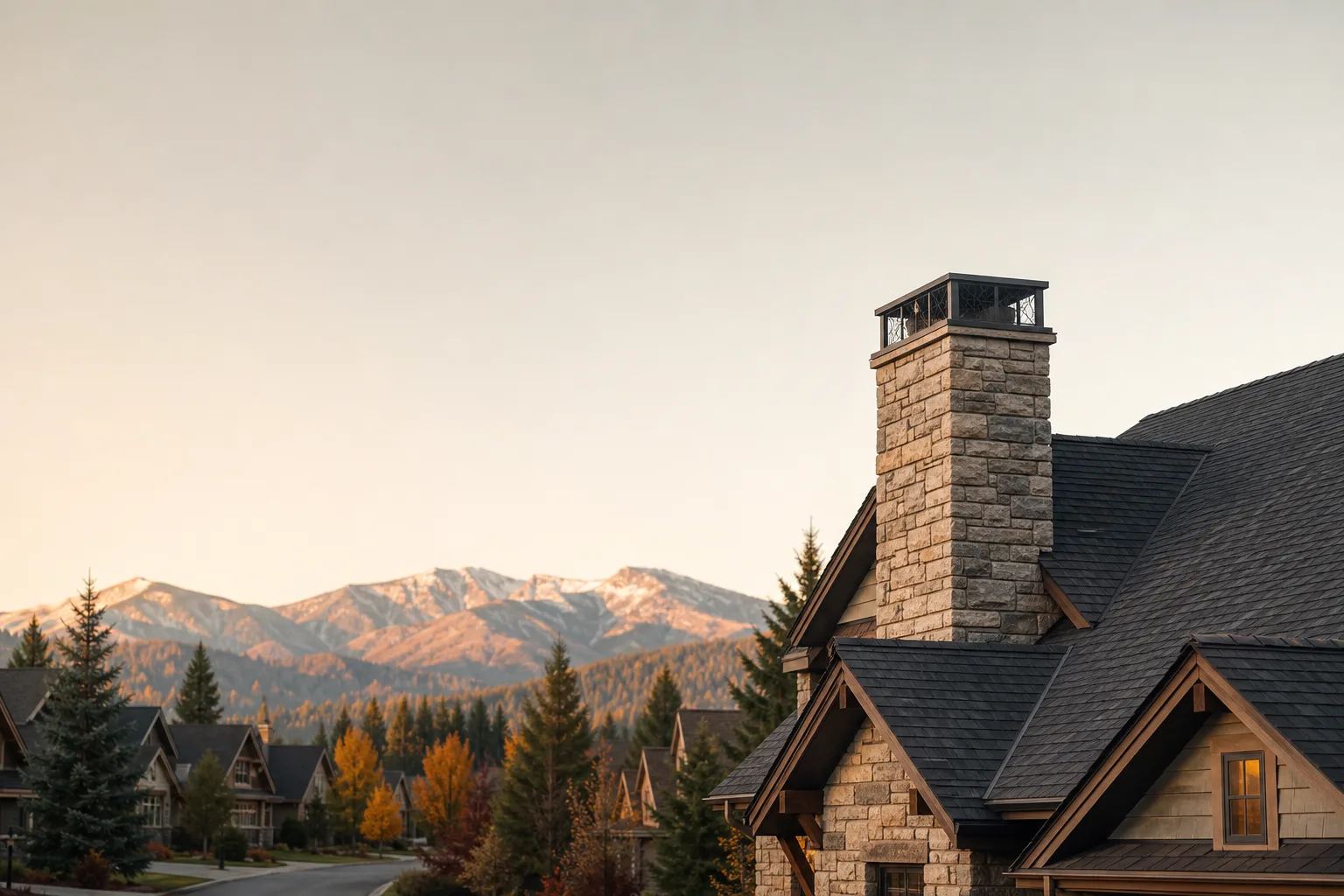 Timber and stone Idaho homes at the pine forest edge, chimney framed by distant mountains