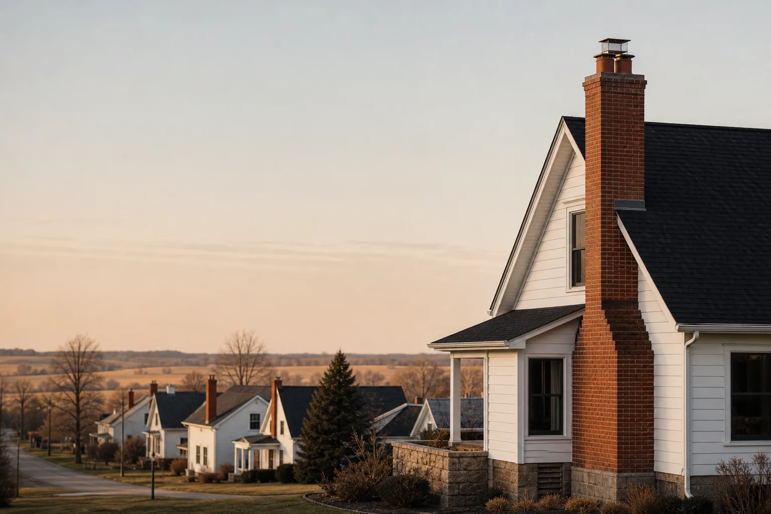 White farmhouse-style Iowa homes with a brick chimney on a wide prairie street