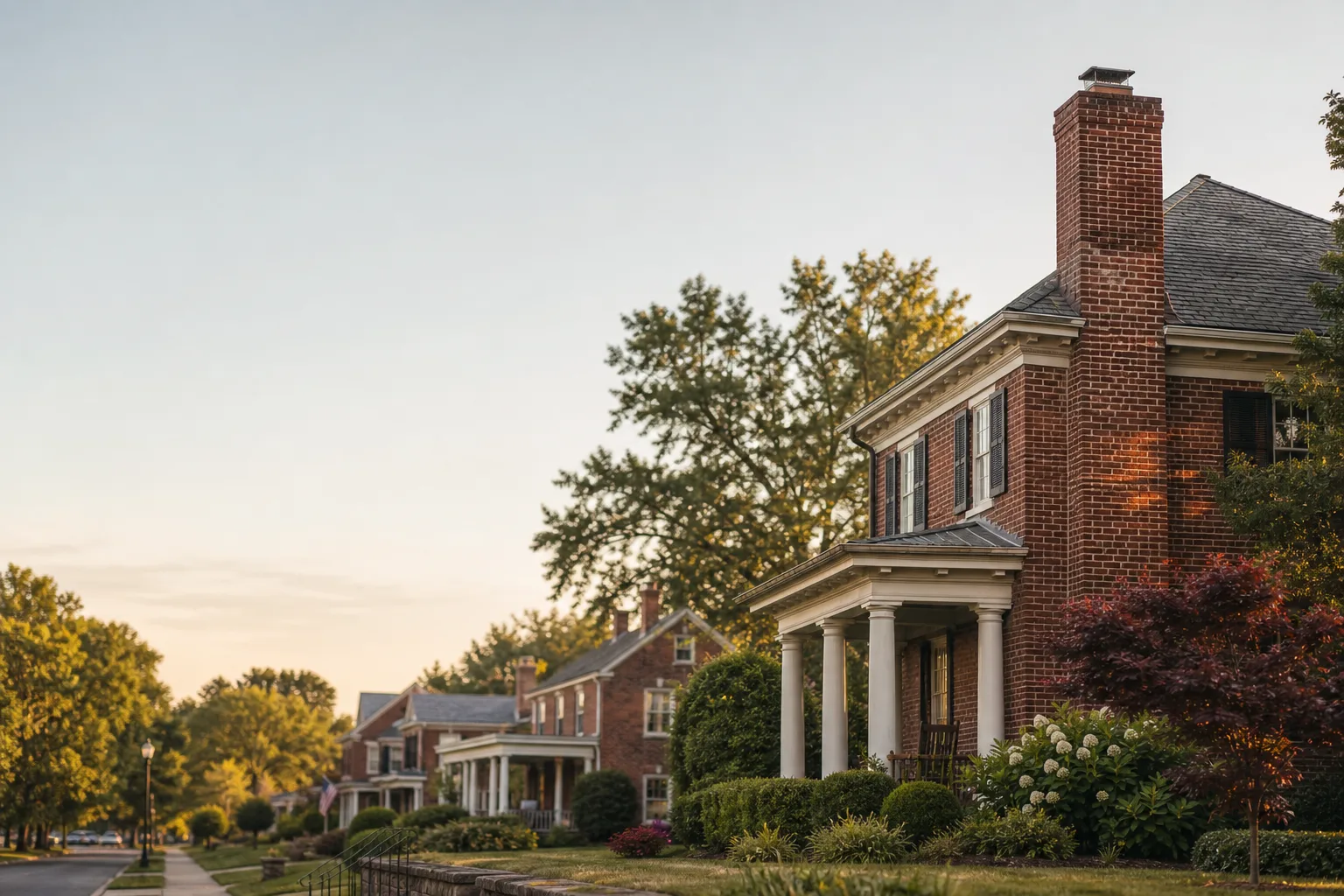 Kentucky brick homes with white columns and a chimney among mature shade trees