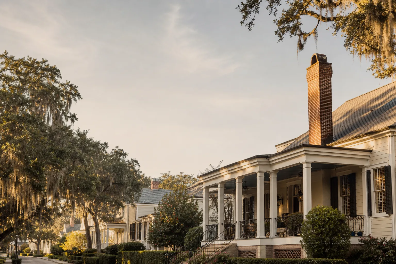 Raised Creole cottages in Louisiana with porch columns, a chimney, and mossy live oaks