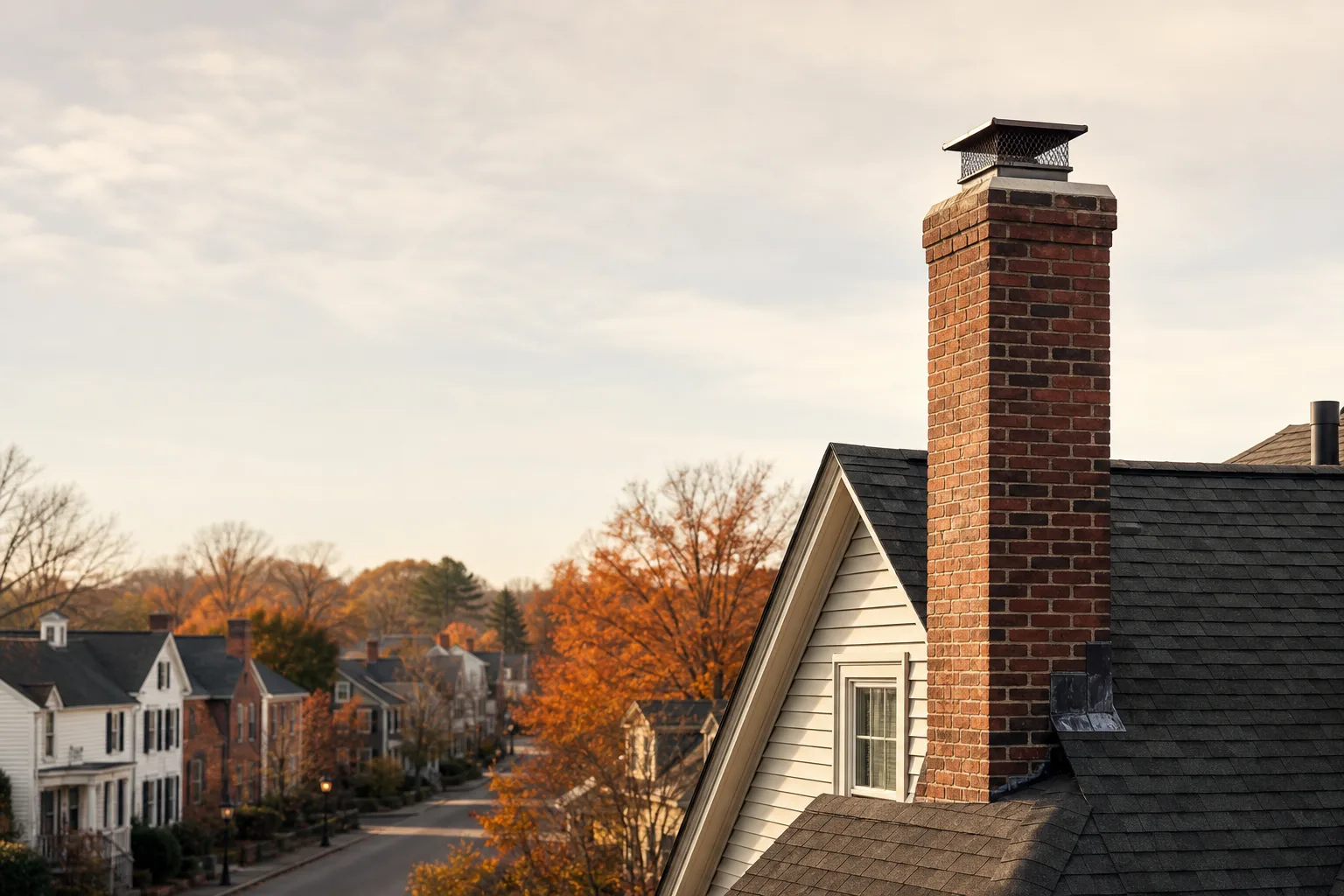 Massachusetts brick and clapboard homes with a tall central chimney in autumn colour