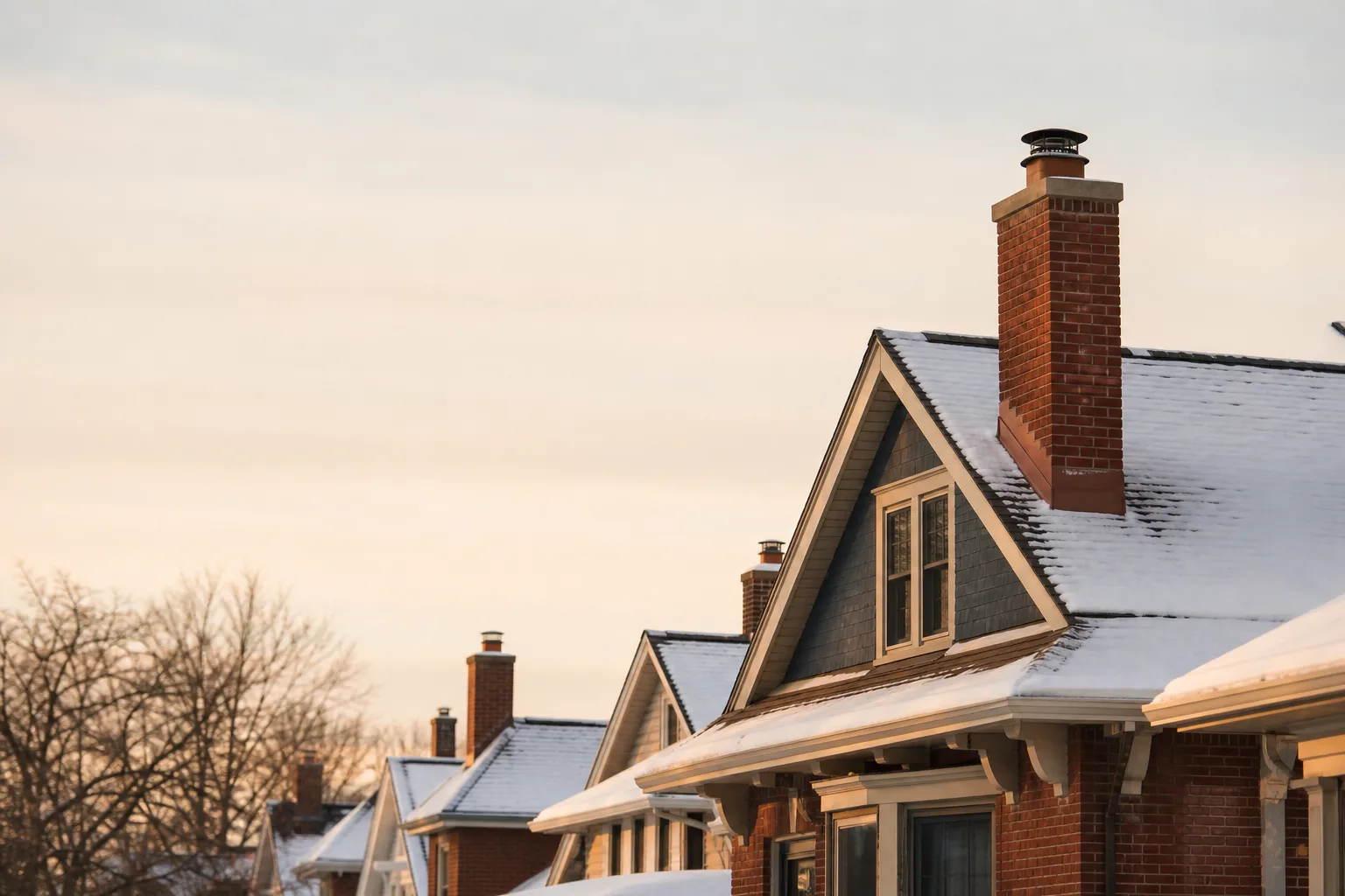 Snow-covered Michigan century homes with brick chimneys and capped flues along the roofline