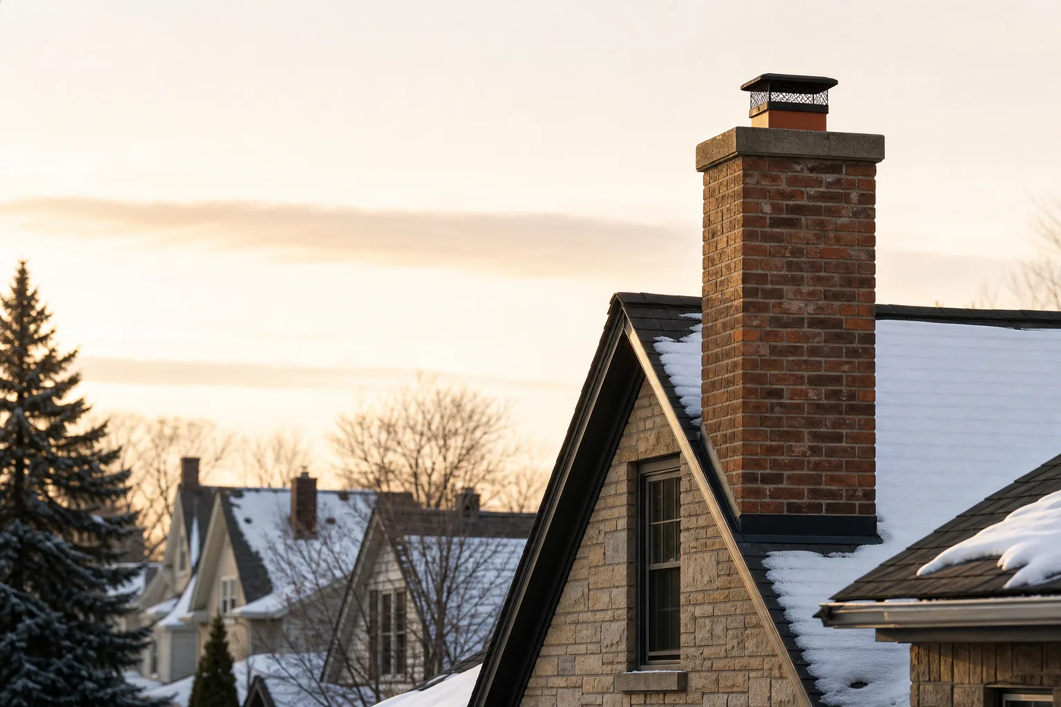 Steep-roofed Minnesota homes under fresh snow with a capped brick chimney