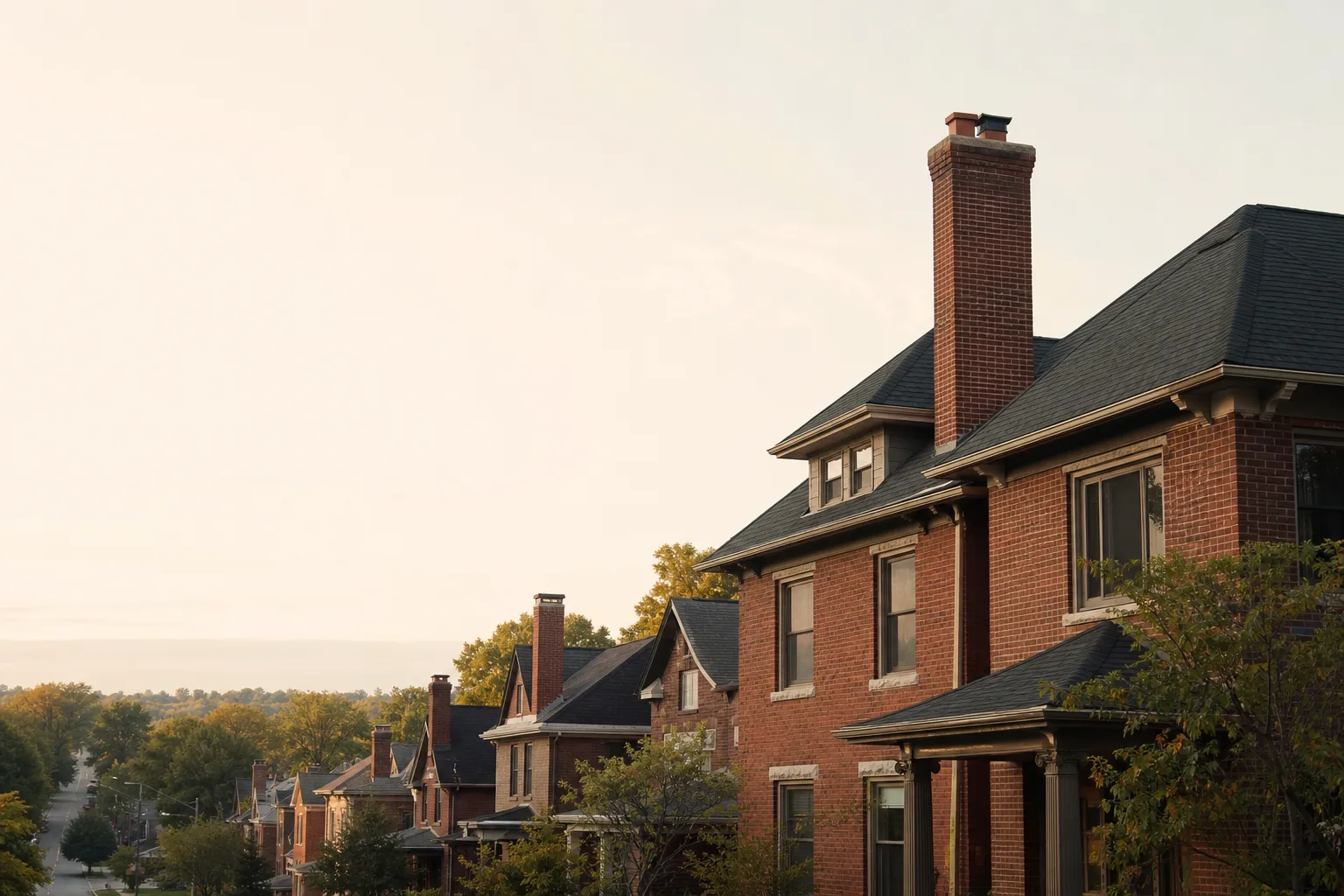 Century brick Missouri homes on a rolling street with tall chimney stacks