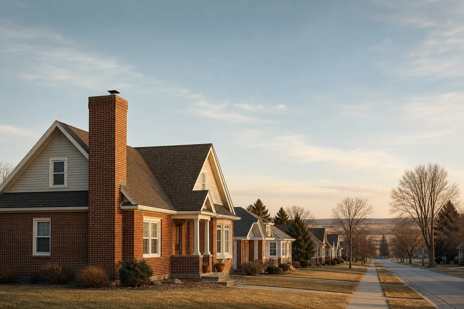 Brick and clapboard Nebraska homes with a chimney under a huge open plains sky