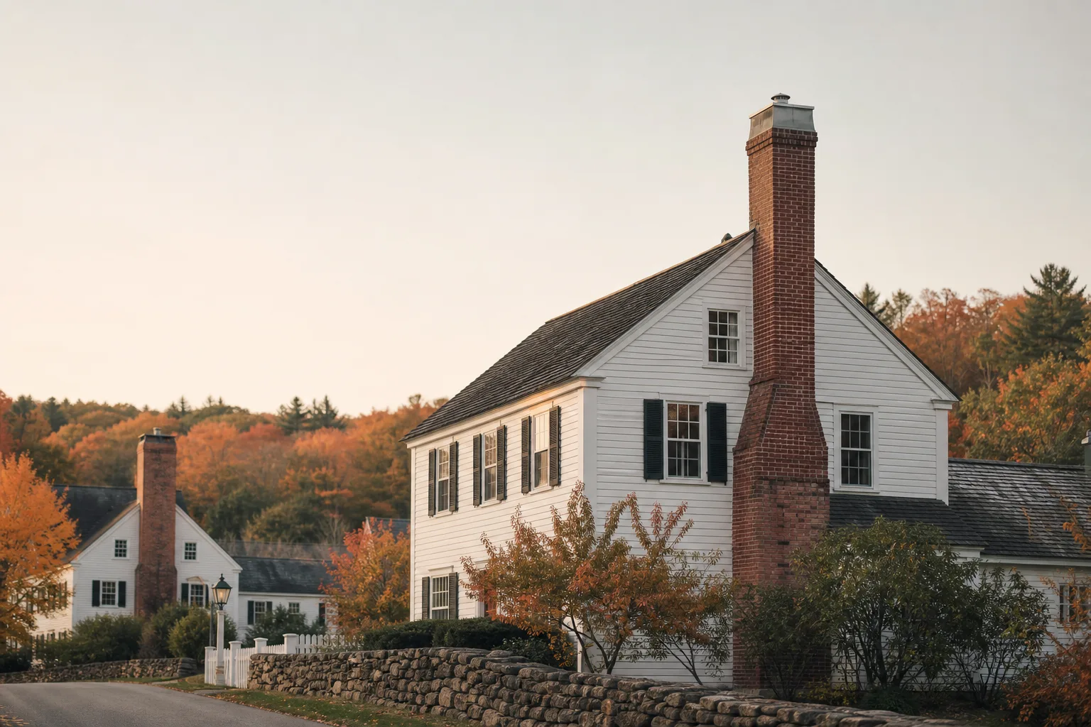 White New Hampshire colonials with a central brick chimney and autumn woods behind