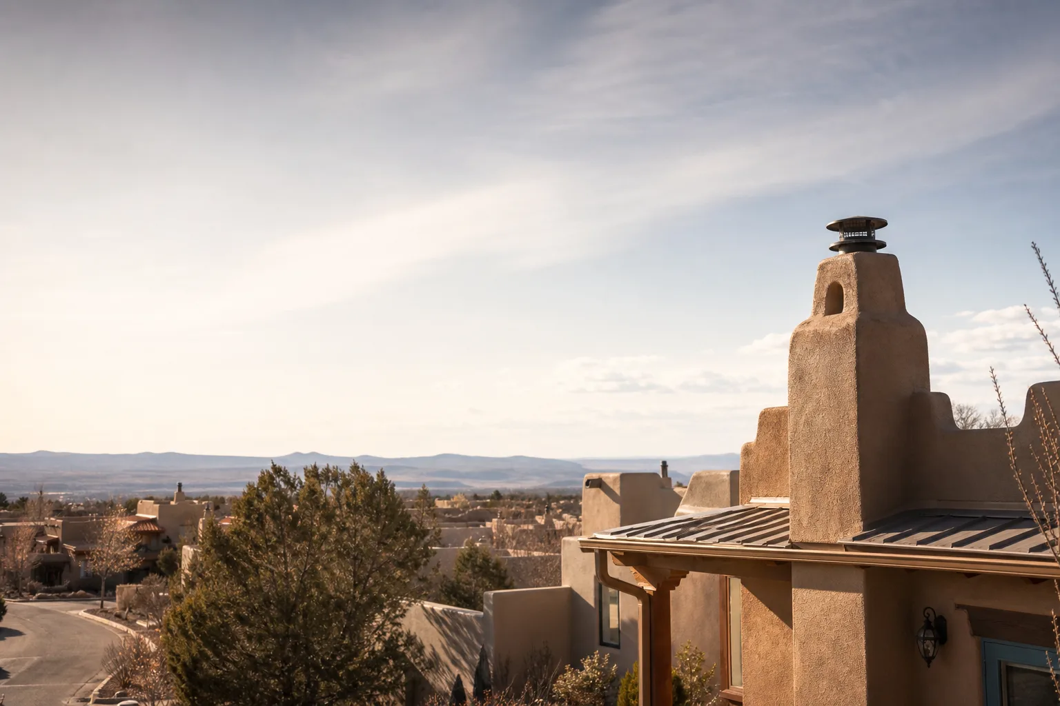 Adobe New Mexico homes with rounded parapets and a kiva chimney under desert sky