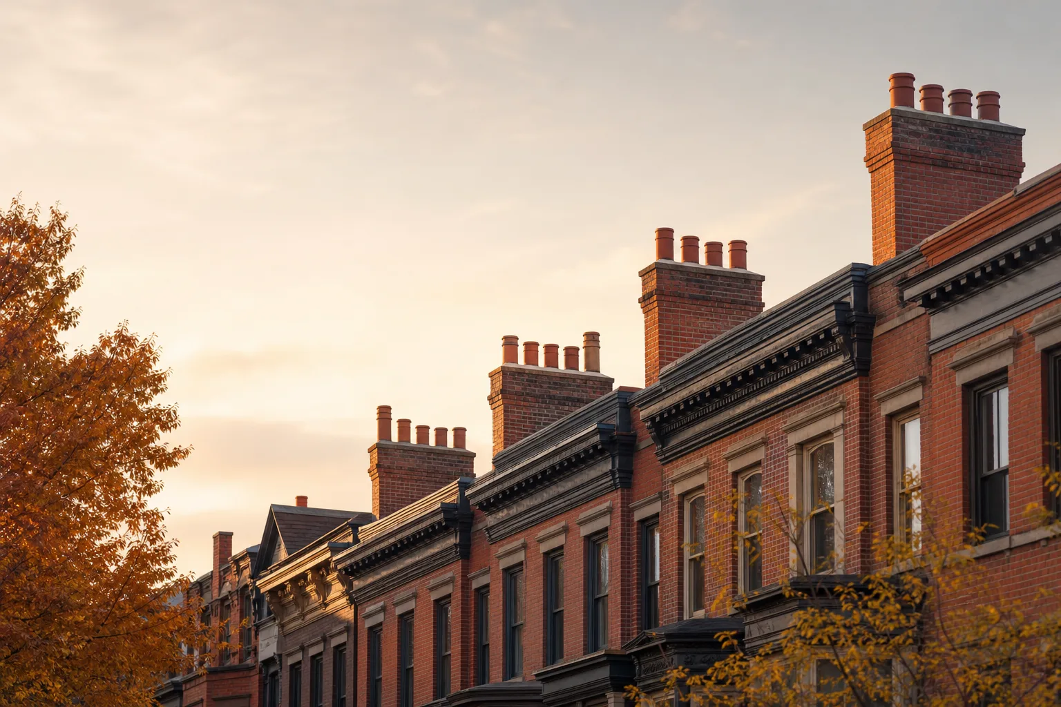 Pre-war New York brick townhouses in autumn with chimney stacks and clay pots