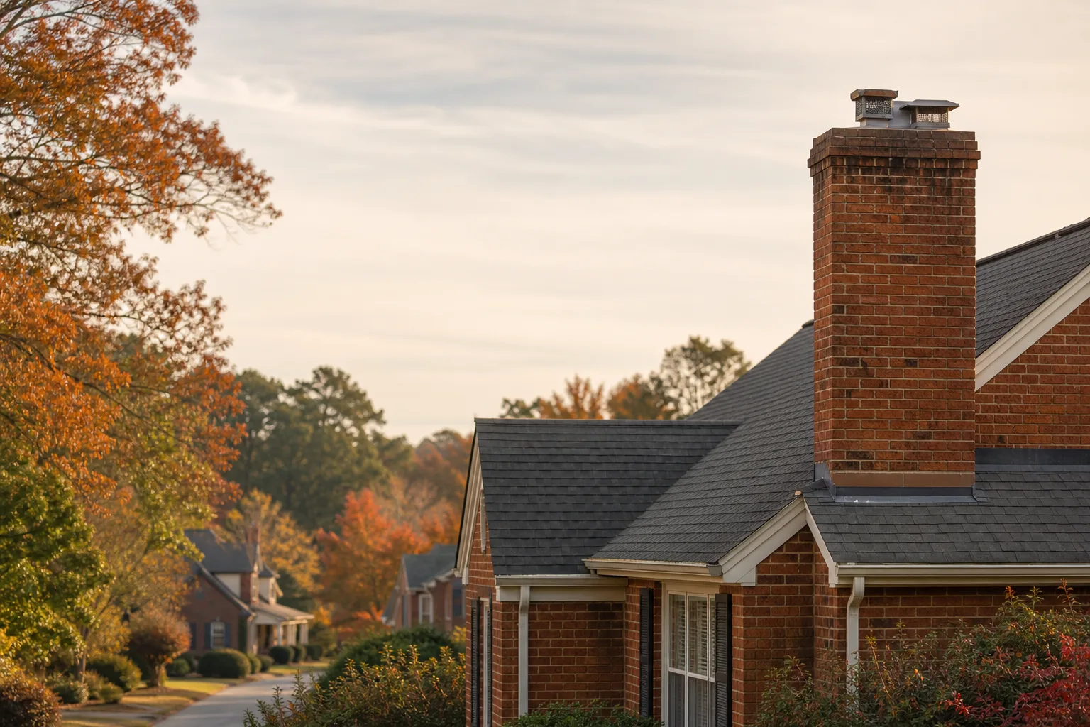 North Carolina brick homes on a tree-lined street with a chimney in the foreground