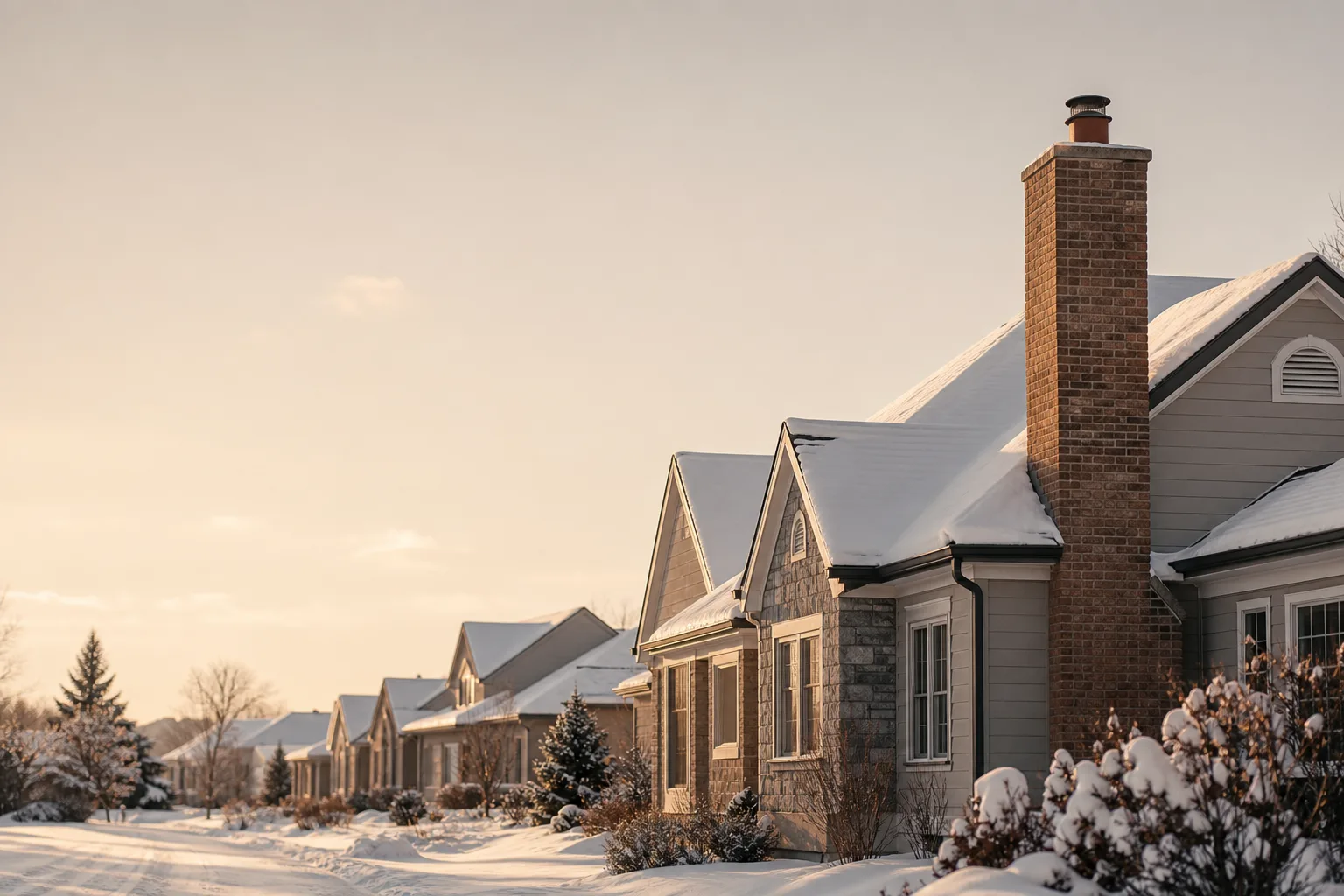 Sturdy North Dakota homes buried in snow, brick chimney above a steep roof