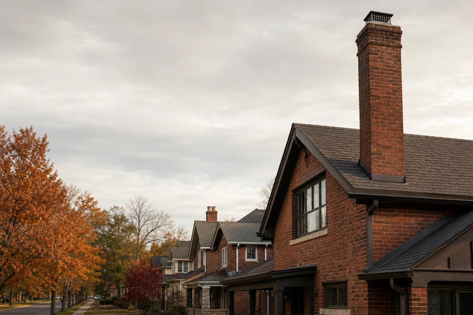 Century brick Ohio homes with tall chimney stacks under grey Midwestern light