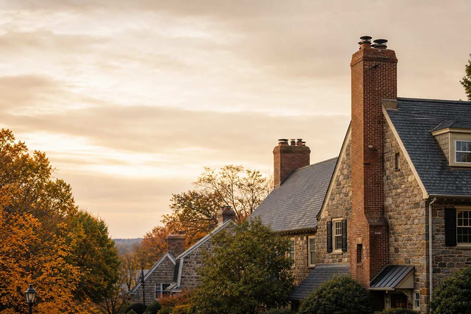 Chimney sweep in Pennsylvania — homes with rooftop chimneys