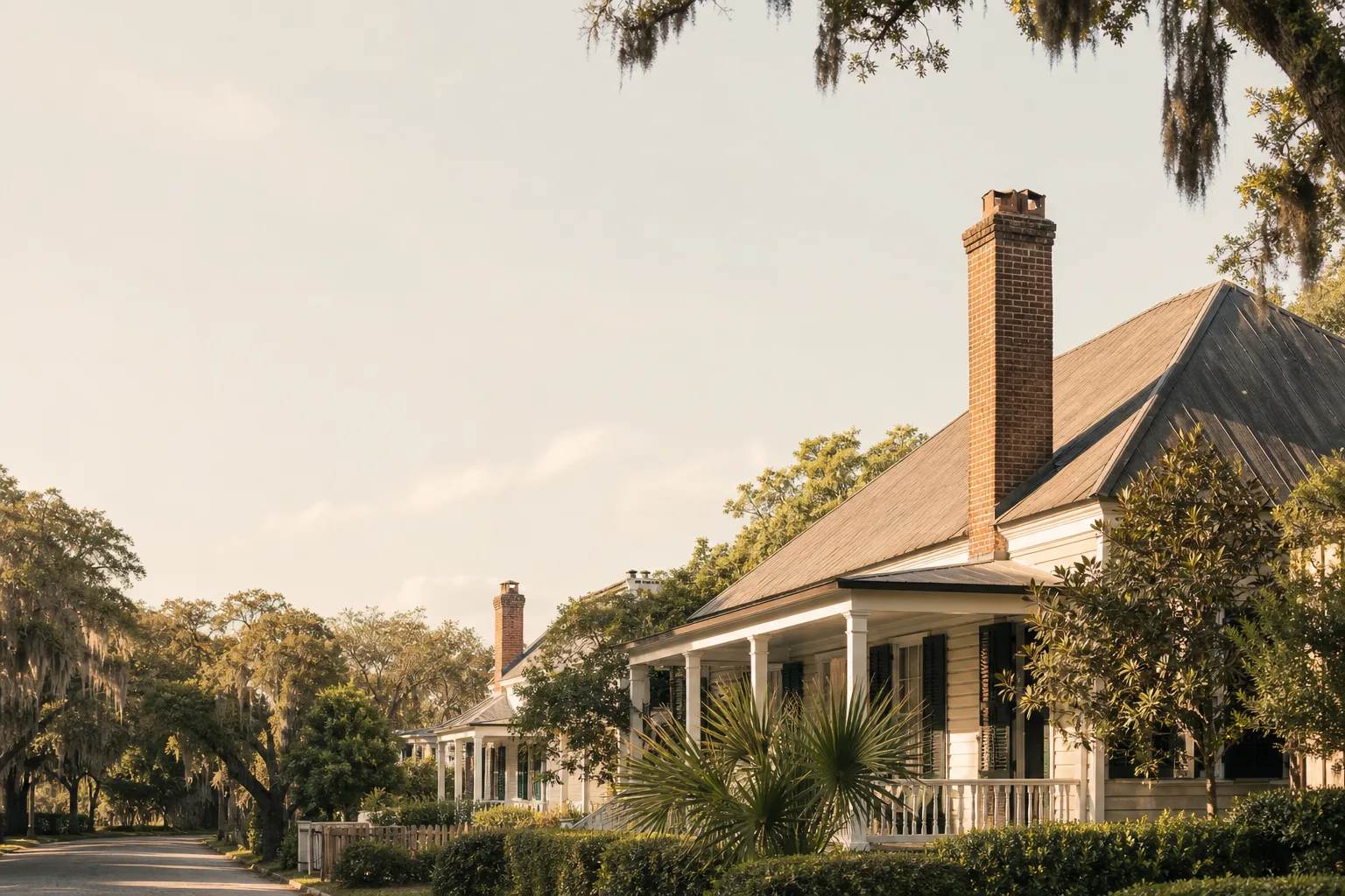 South Carolina low-country homes with porches and a brick chimney under live oaks
