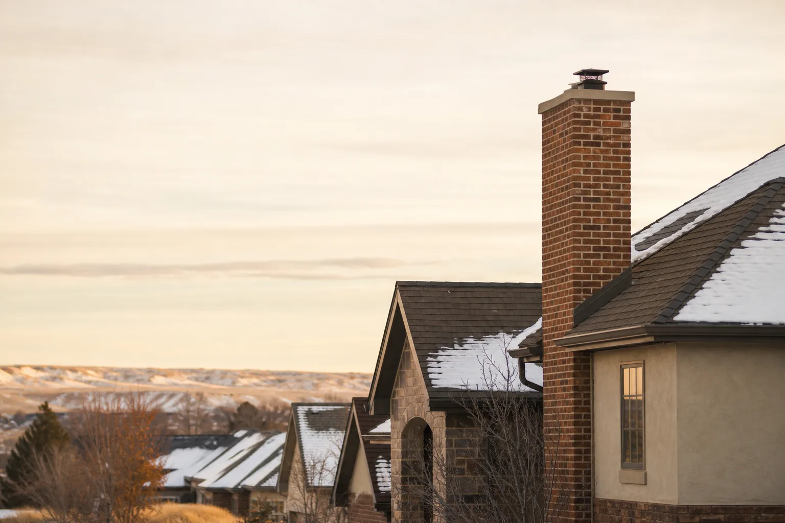 Snow-dusted South Dakota homes with steep roofs and a brick chimney against wide sky