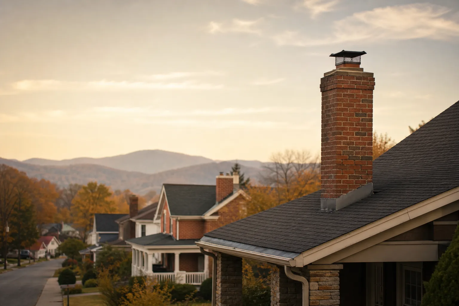 Brick and clapboard Tennessee homes with wide porches and chimneys below rolling hills