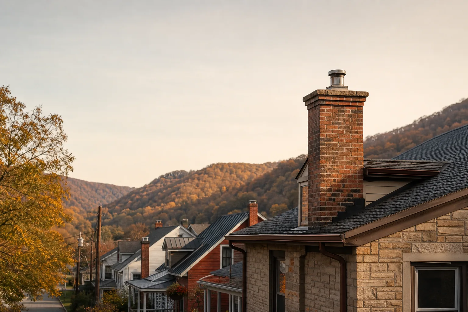 West Virginia hillside homes with brick chimneys in a narrow valley of autumn ridges