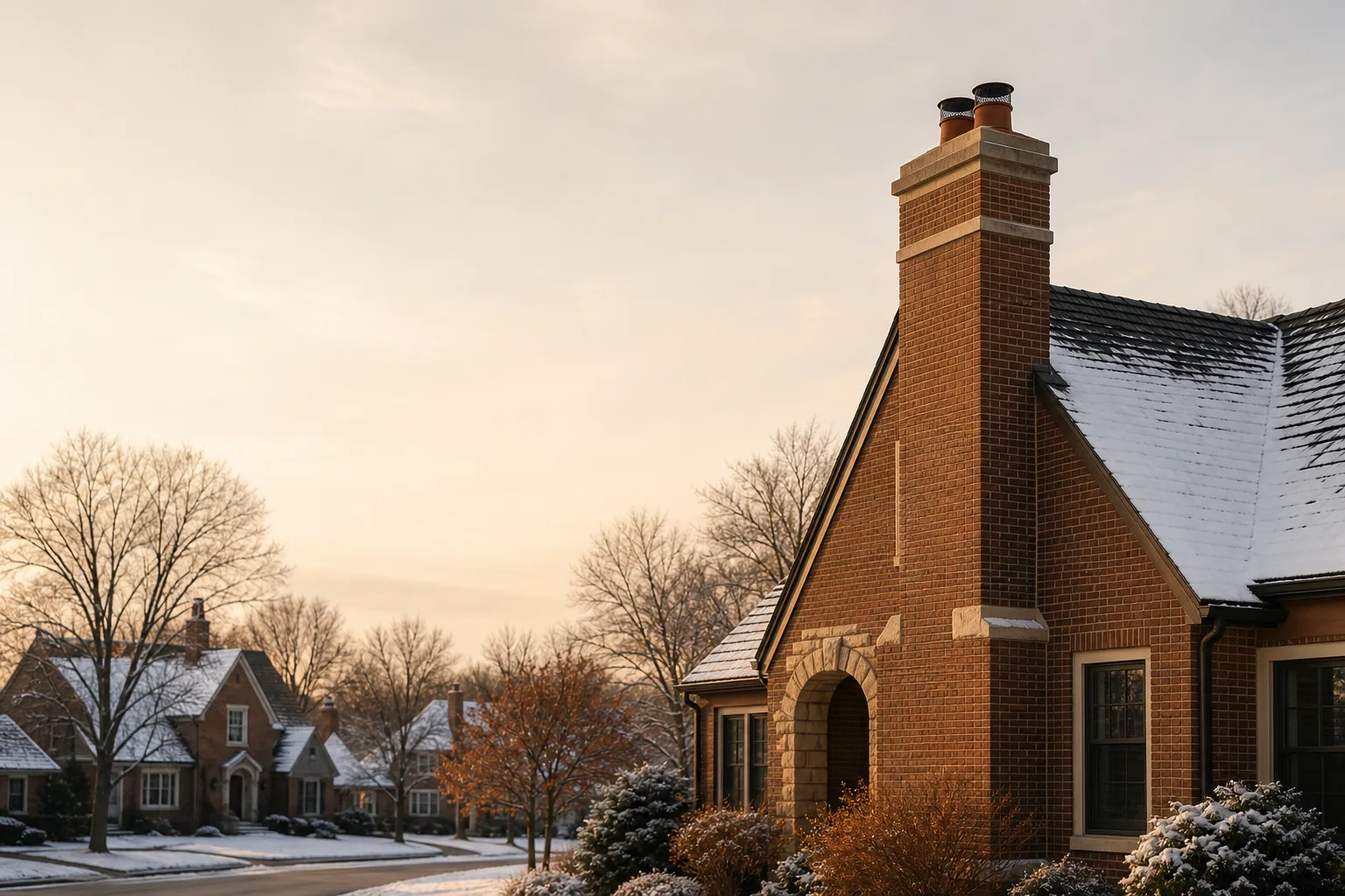 Century brick Wisconsin homes under light snow with tall chimney stacks and bare maples