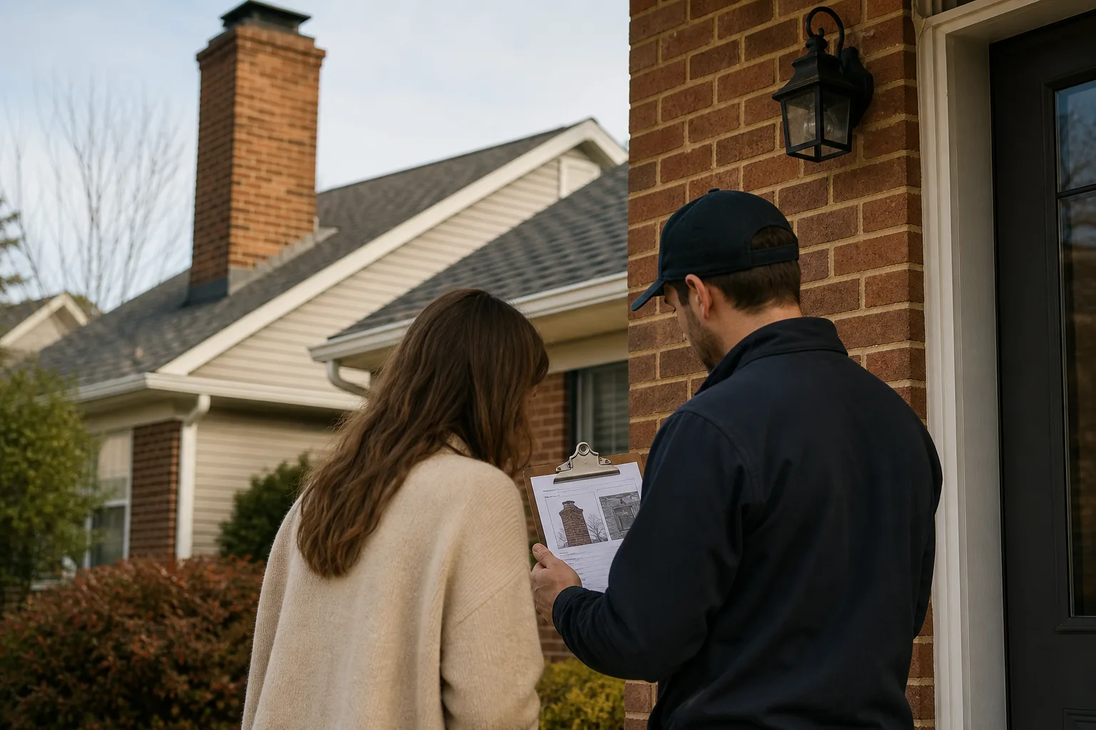 Chimney technician reviewing a printed estimate on a clipboard with a homeowner at the front door