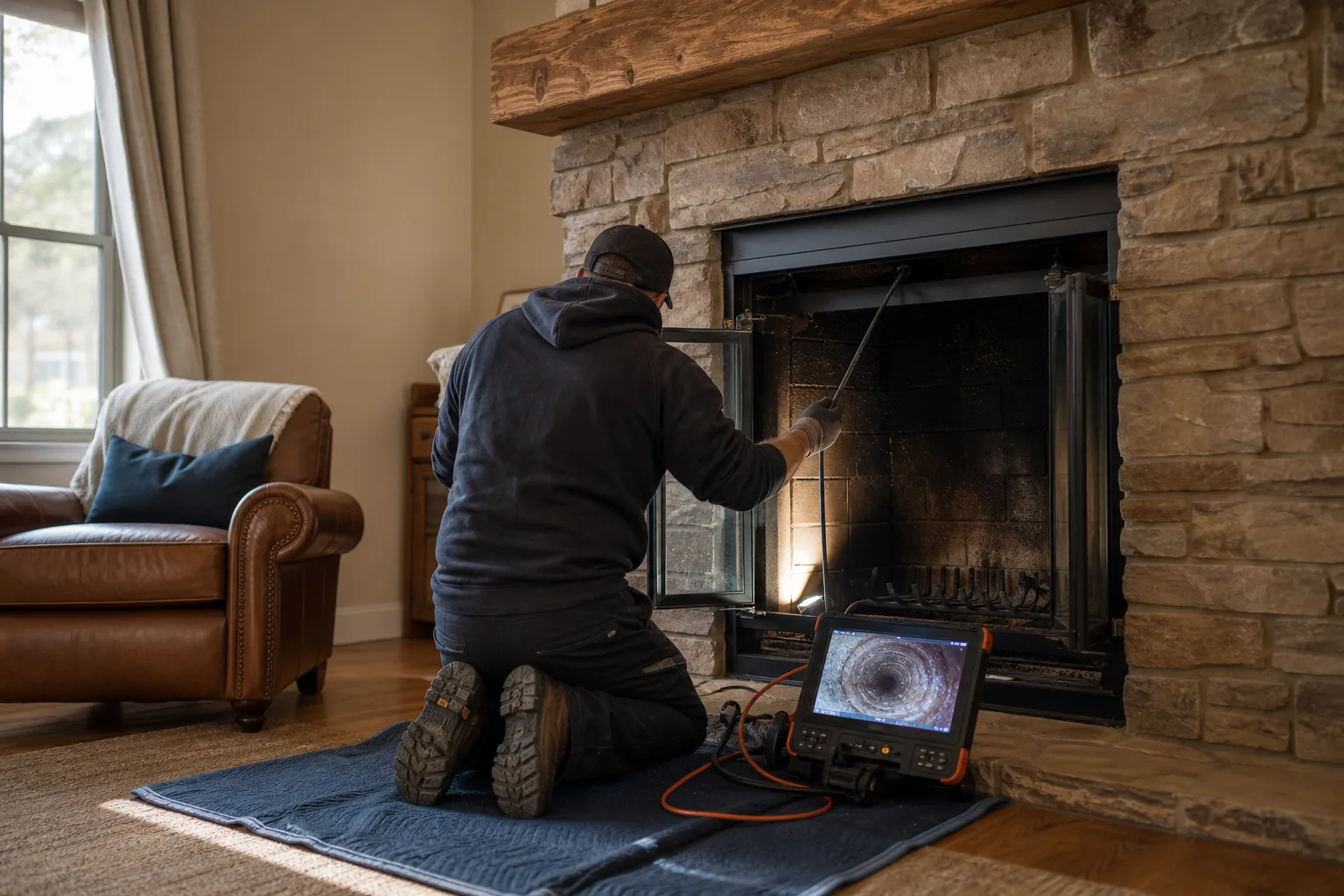 Technician kneeling at an open fireplace feeding an inspection camera up the flue beside a monitor
