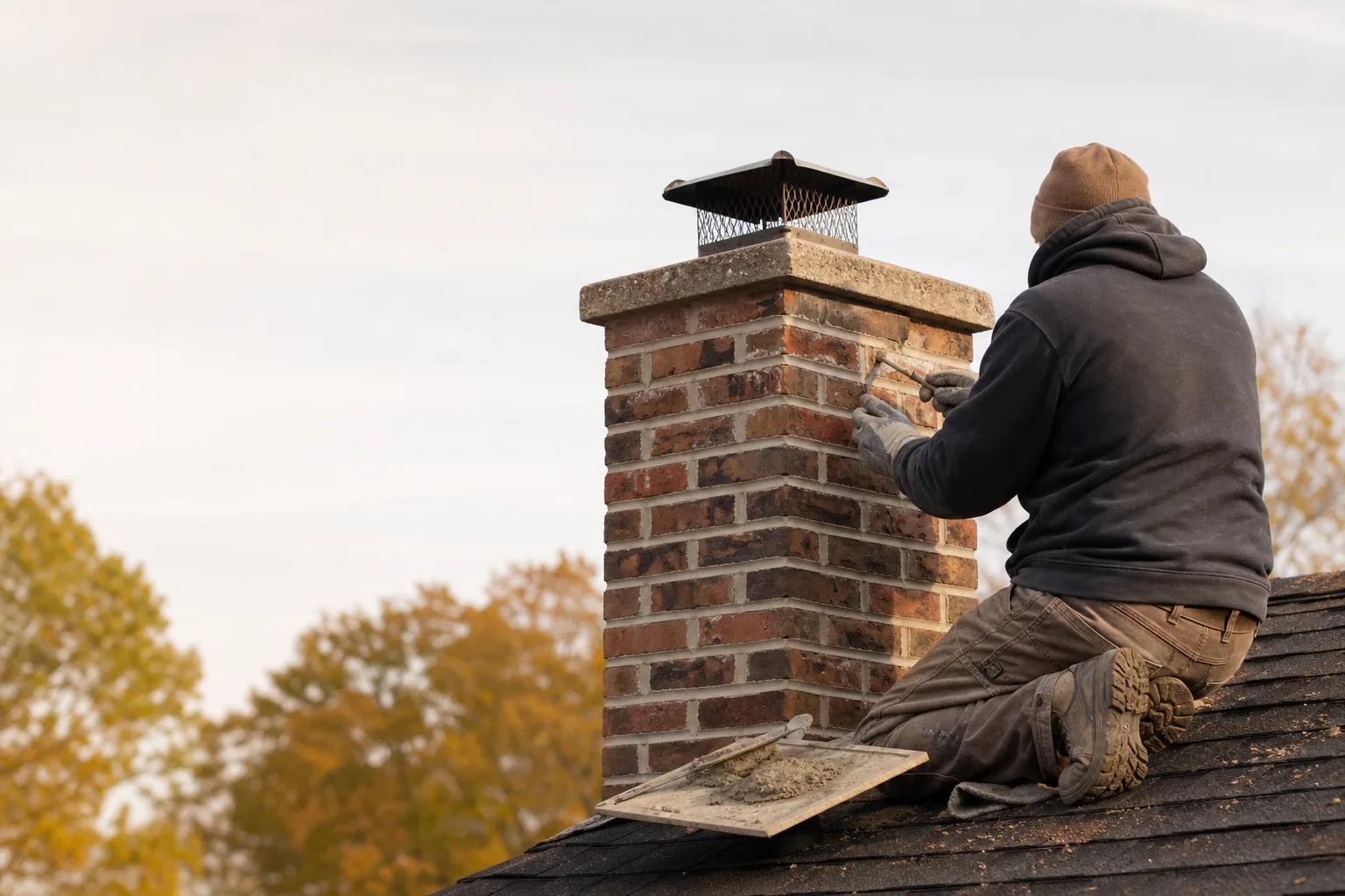 Mason on a rooftop repointing mortar joints on a brick chimney with a trowel