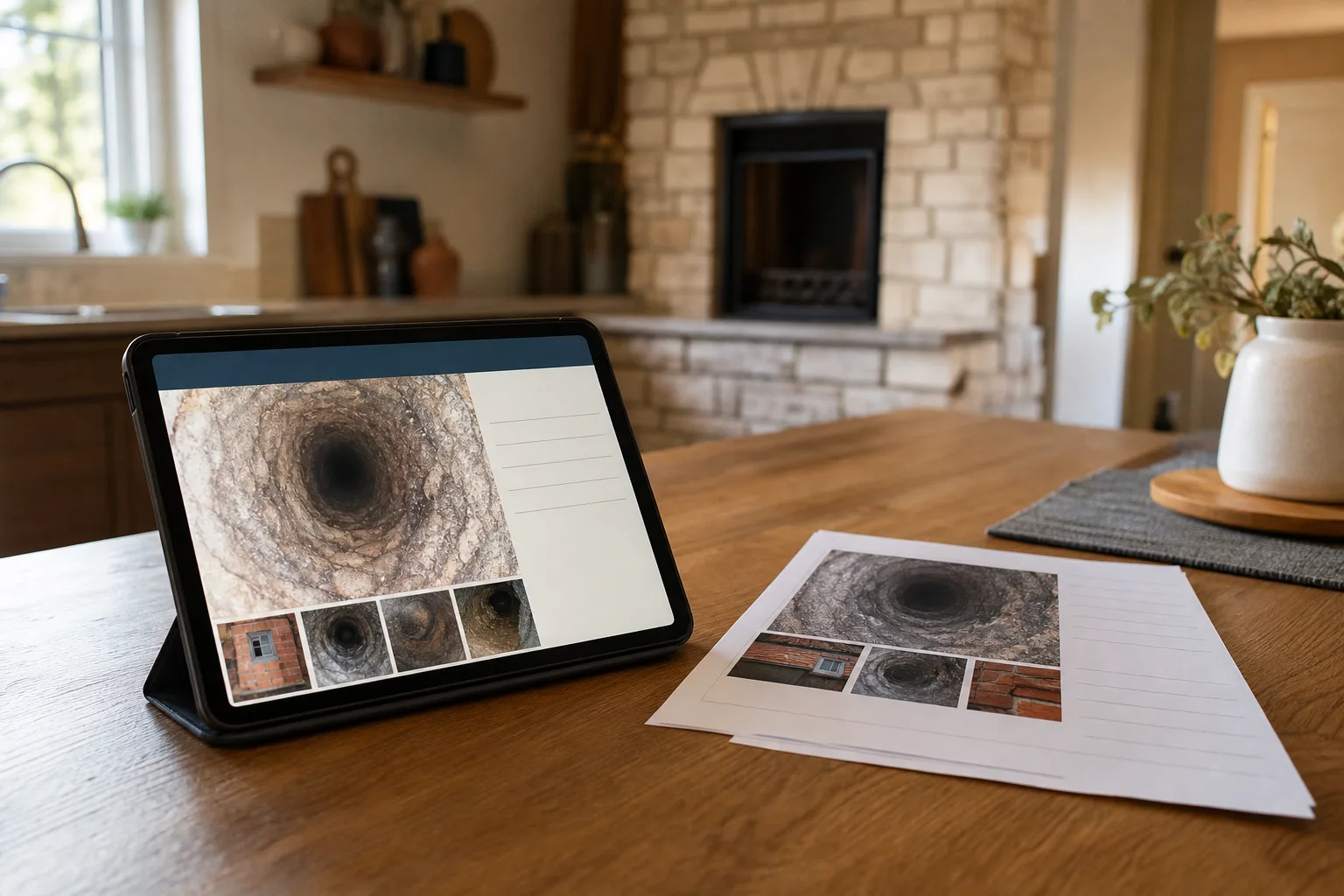 Tablet on a kitchen table showing a chimney inspection report with flue camera still